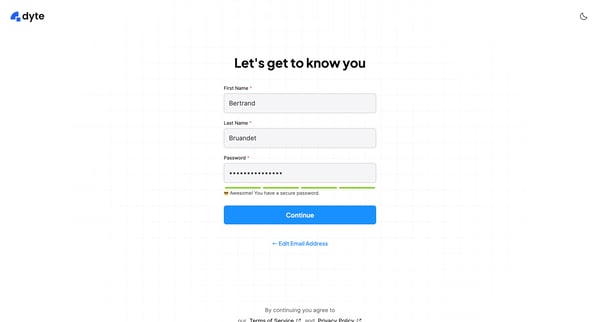 Register Your Dyte Account screen