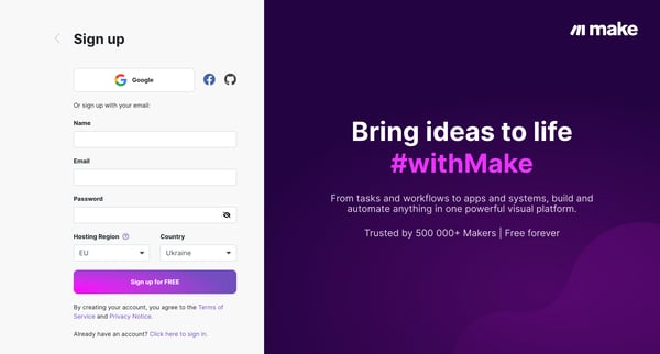 Sign up | Make HQ screen
