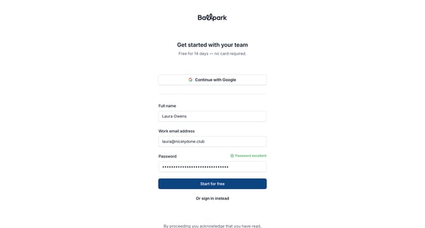 Sign up | Ballpark screen