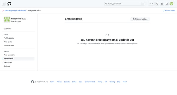 GitHub Sponsors dashboard · Updates screen