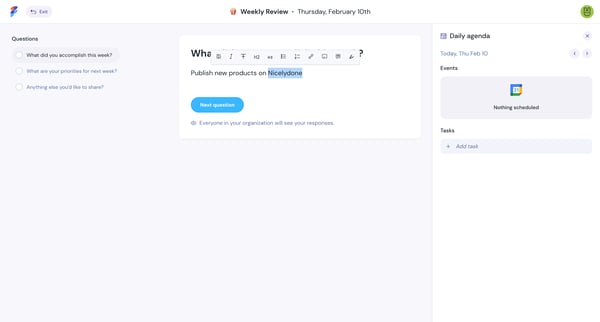 Check-in - Weekly Review screen