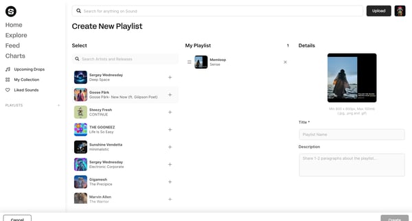Create New Playlist | Sound.xyz screen