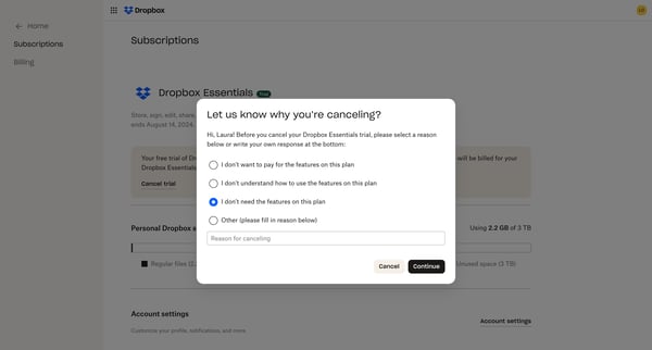 Subscriptions Management | Dropbox Basic screen