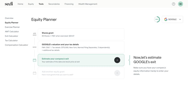 Equity Planner | Secfi screen