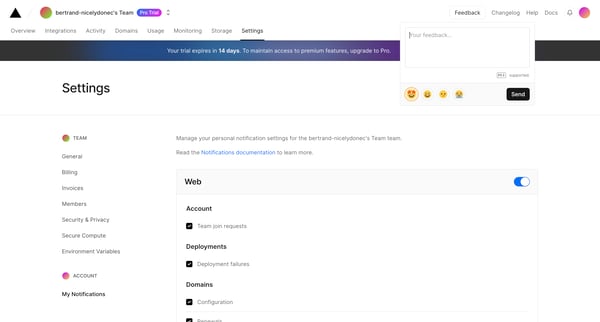 My Notifications - Team Settings – Dashboard – Vercel screen
