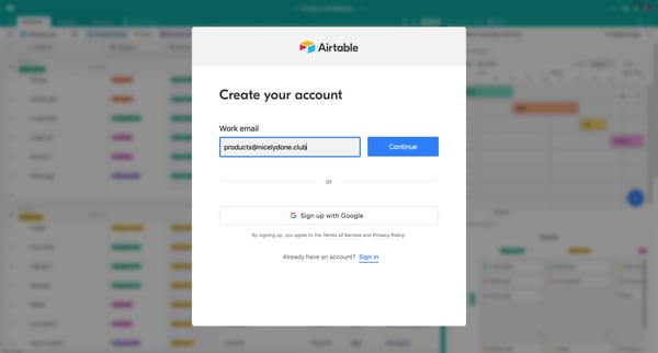 Sign up - Airtable screen