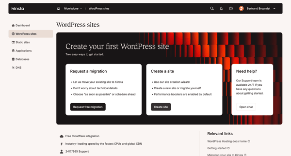 WordPress sites - MyKinsta screen