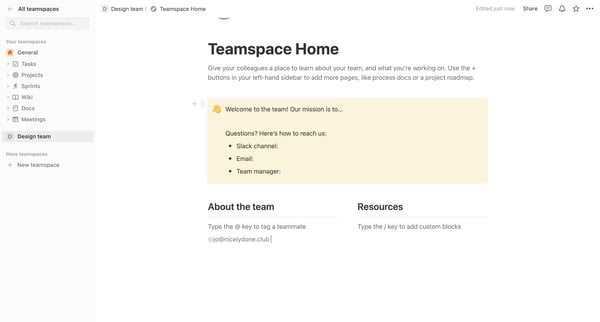 Teamspace Home screen