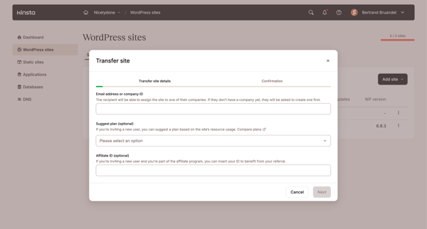 WordPress sites - MyKinsta screen