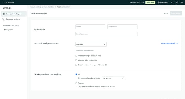 Add team member | Team members  Account Settings  Customer.io screen