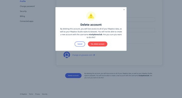 Account | Mapbox screen