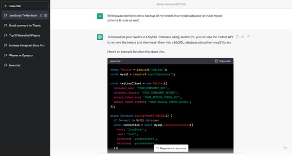 JavaScript Twitter backup to MySQL. from OpenAI