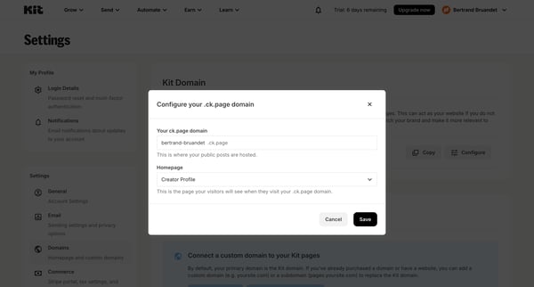 Account Settings - Kit screen