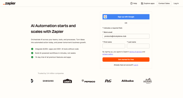 Sign up | Zapier screen
