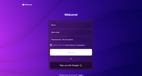 Sign up for free without a credit card from Whimsical