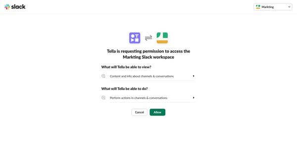 Tella is requesting permission to access the Markting Slack works screen