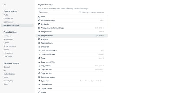 Keyboard shortcuts - Height screen