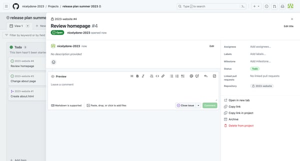 Review homepage · release plan summer 2023 screen