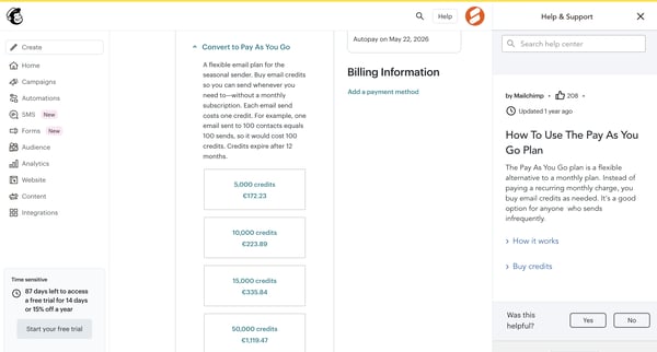 Billing Plans | Mailchimp screen