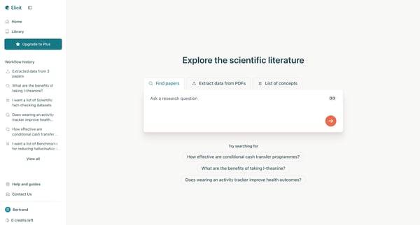 Elicit Find scientific research papers screen