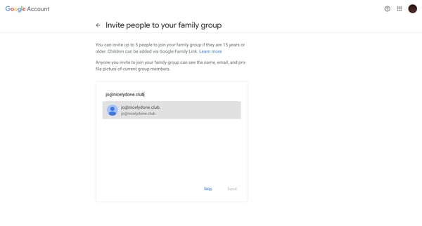 Invite people to your family group from Google Account