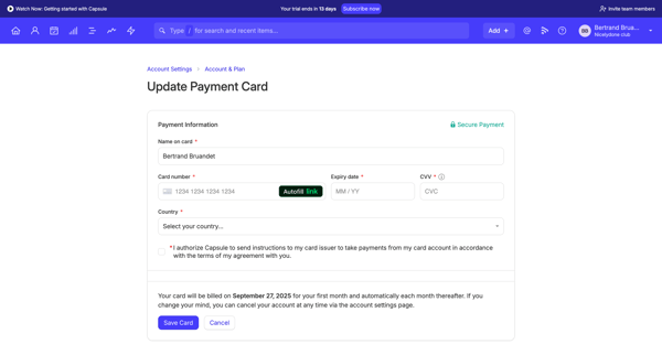 Update Payment Card | Nicelydone club CRM screen