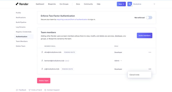 Team Settings ・ Render Dashboard from Render