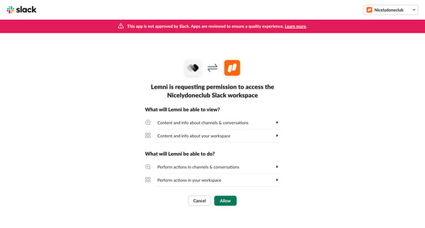 Lemni is requesting permission to access the Nicelydoneclub Slack work from Lemni