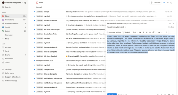 99+ • Inbox • nicelydoneproducts@gmail.com • Notion Mail screen