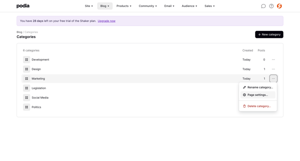 Podia Categories screen