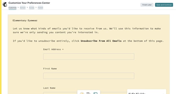 Create Preferences Center | Mailchimp screen