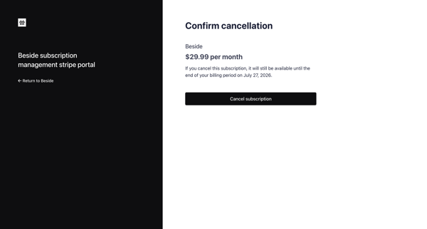 Cancel subscription | Beside Billing screen