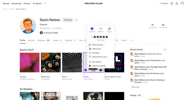 Gavin Nelson's profile – Record Club screen
