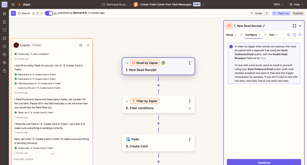 Create Trello Cards from Task Messages | Zapier screen