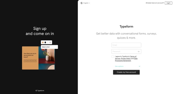 Sign up FREE | Typeform screen