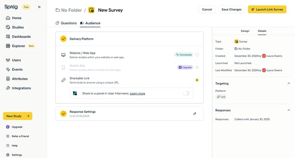 Edit New Survey Audience screen