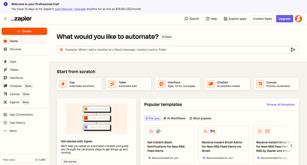 Home | Zapier screen