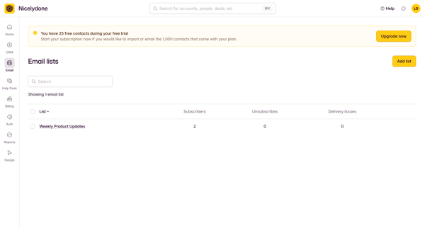 View All Email Lists screen