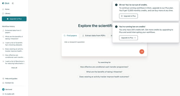 Elicit Find scientific research papers screen
