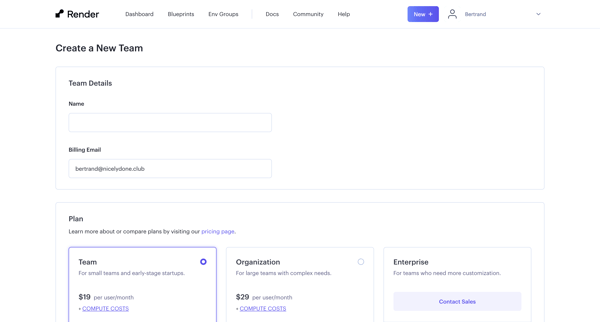 Create a New Team ・ Render Dashboard screen