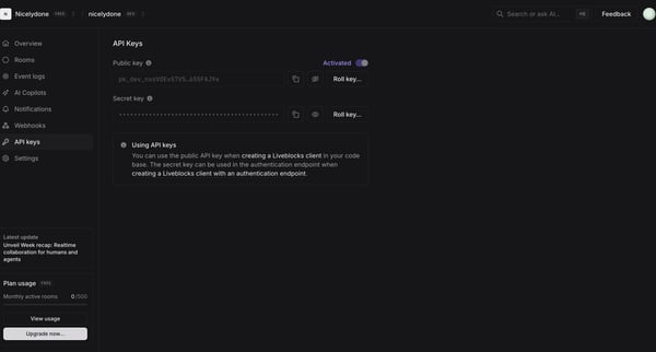 nicelydone (Development) | nicelydone (Development) | API Keys screen