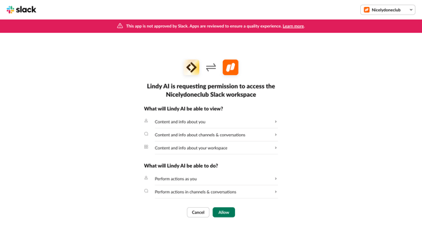 Lindy AI is requesting permission to access the Nicelydoneclub Slack workspace | Nicelydoneclub Slack screen