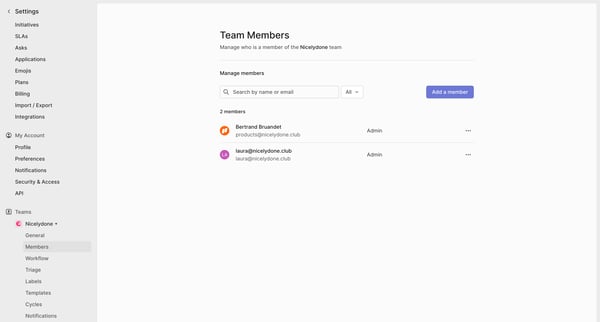 Team members screen