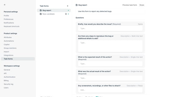 Task forms - Settings - Height screen