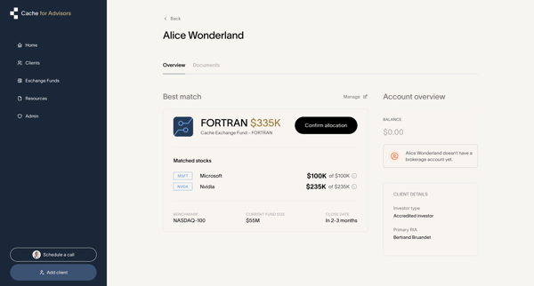 Cache – Client details | Cache for Advisors screen