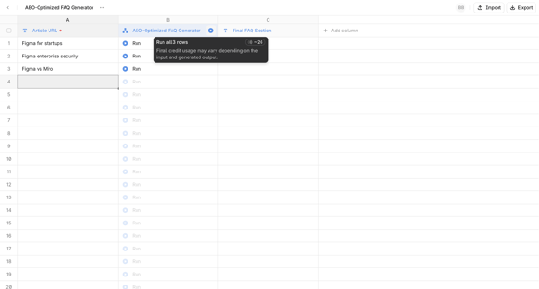 AEO-Optimized FAQ Generator | Profound Sheets screen