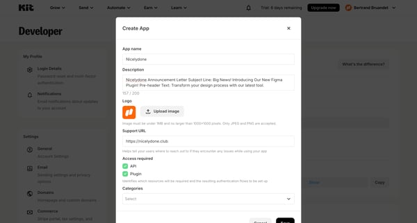 Developer Settings - Kit screen
