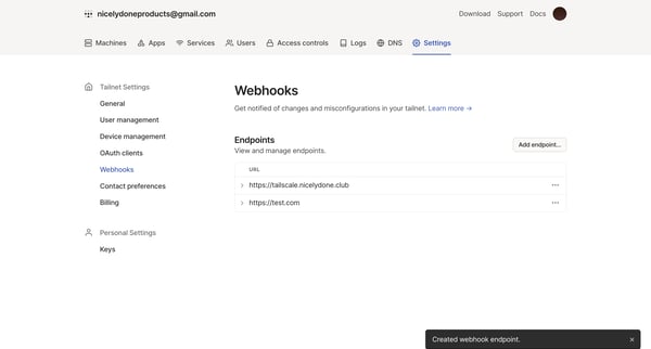Webhooks - Tailscale screen