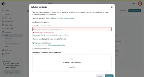 Tags | Mailchimp screen
