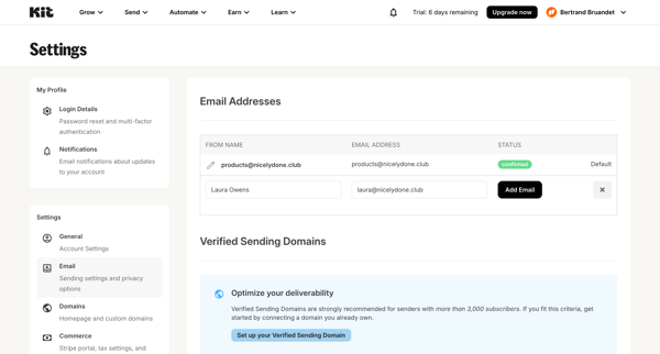 Account Settings - Kit screen